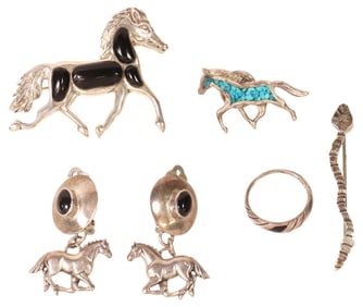 (5) MEXICO SILVER & GEMSTONE JEWELRY, HORSE BROOCH & EARRINGS