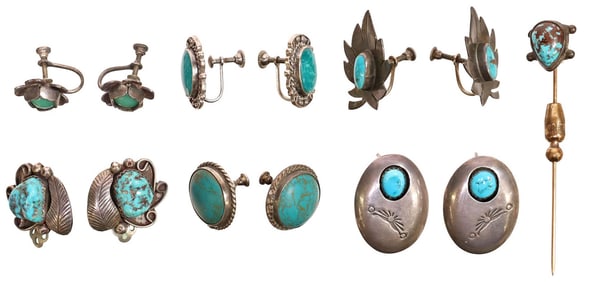 (7) SOUTHWEST SILVER & TURQUOISE EARRINGS, STICK PIN