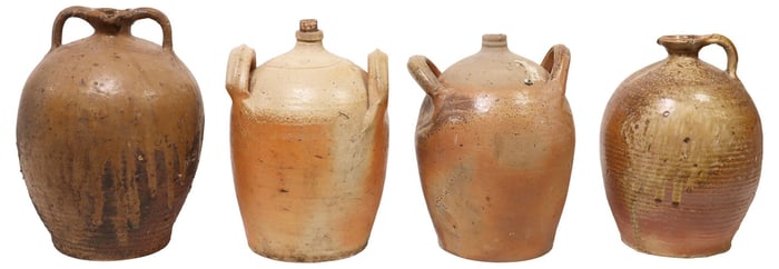 (4) FRENCH PROVINCIAL STONEWARE OIL JUGS & PITCHERS