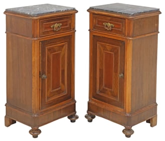 (2) ITALIAN MARBLE-TOP WALNUT BEDSIDE CABINETS