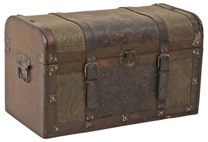 SMALL LEATHER-CLAD DOMED STORAGE TRUNK / COFFER