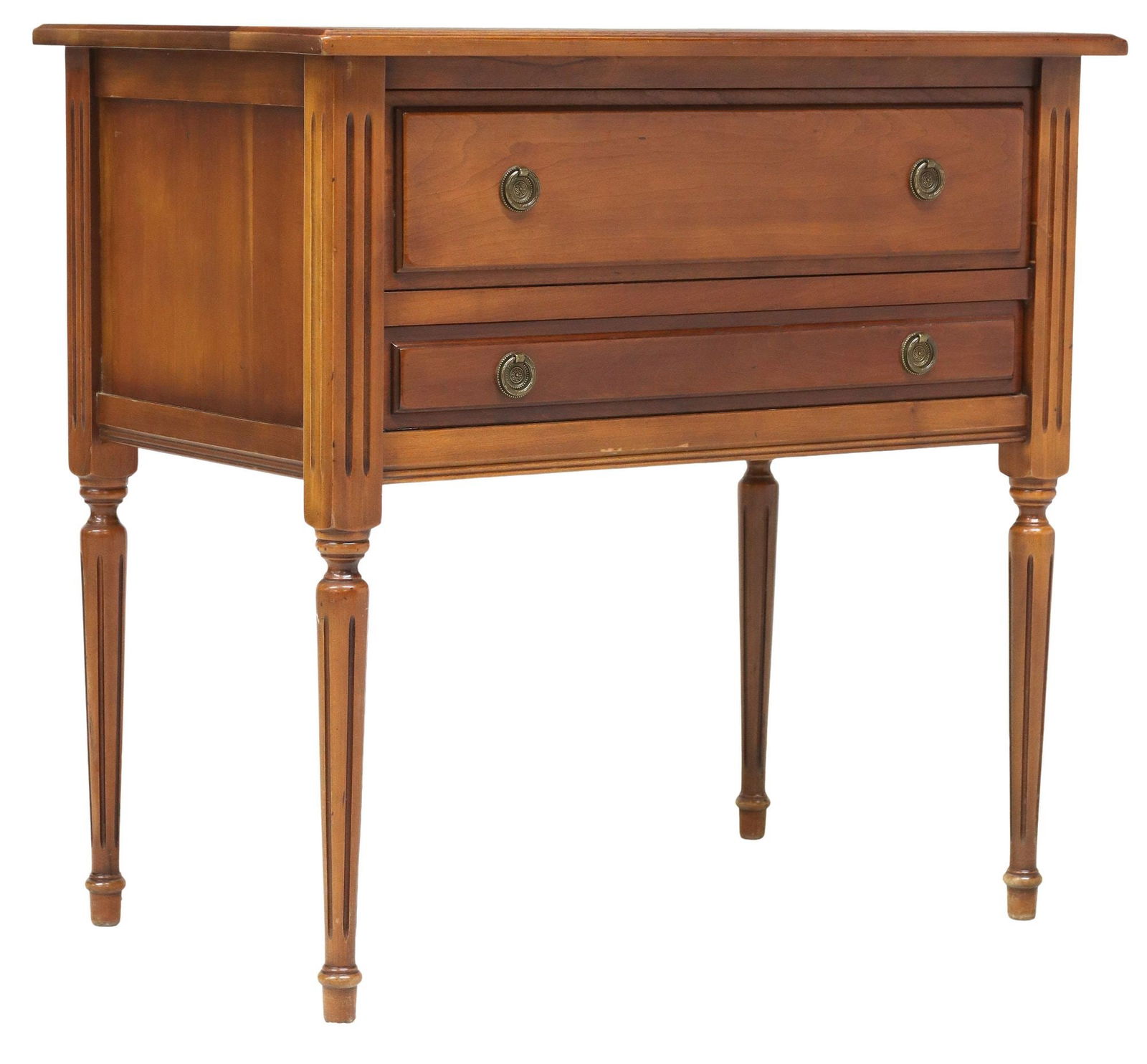 FRENCH LOUIS XVI STYLE CONSOLE TABLE: French Louis XVI style console table, 20th c., rectangular case fitted with two drawers, top drawer with fall-front facade and open back, rising on fluted tapered legs, ending on arrow feet, approx 29