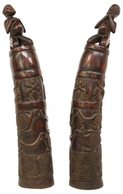 (2) AFRICAN BAMILEKE CARVED WOOD HORN-FORM FERTILITY SCULPTURES, 27"H