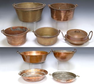 (9) FRENCH COPPER & METAL KITCHENWARE, POTS, PANS & BOWLS