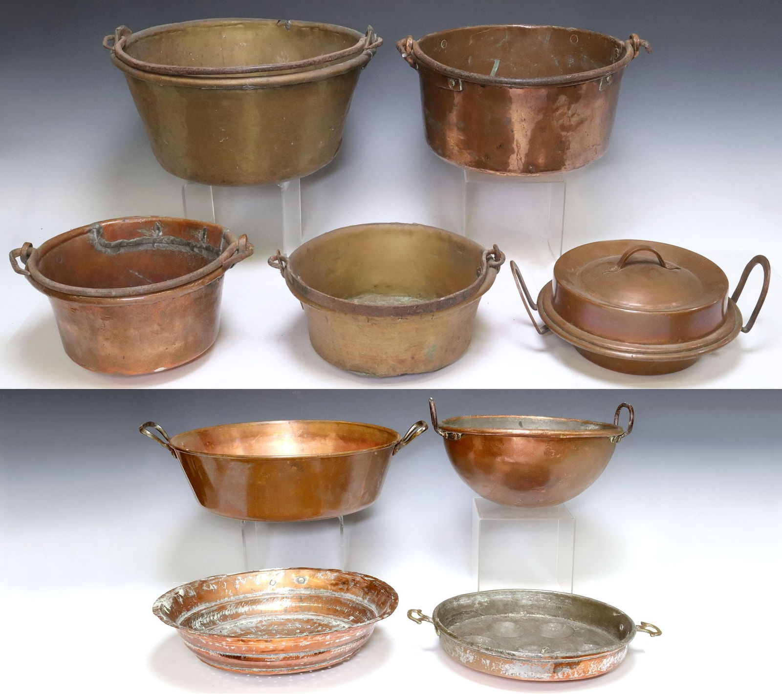 (9) FRENCH COPPER & METAL KITCHENWARE, POTS, PANS & BOWLS: (lot of 9) French copper and metal kitchenware, late 19th/ early 20th c., including: (4) pots, each with iron swing handle, largest: approx 8.5"h, 17"w, 16"d, (3) shallow pans, with dual side handles,