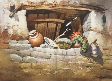 SIGNED BELLO WATERCOLOR PAINTING SOUTHWEST LANDSCAPE, 1984