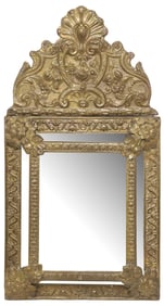 BAROQUE STYLE BRASS REPOUSSE BEVELED CUSHION MIRROR