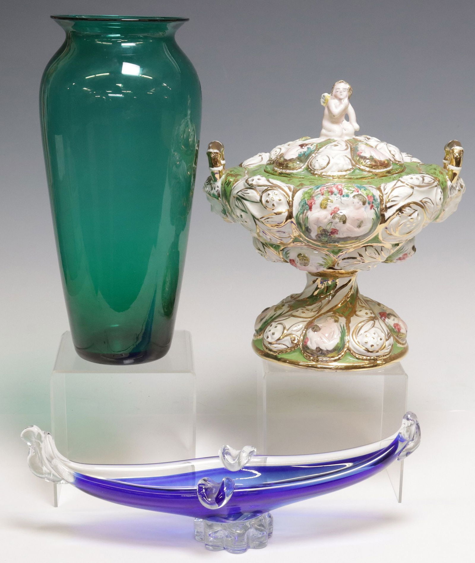 (3) ITALIAN GLASS GONDOLA & CAPODIMONTE-STYLE TUREEN: (lot of 3) Italian decorative items, including: (1) green glass tall flower vase, approx 12"h, 5.5"diam, (1) blown glass ashtray in the form of a Venetian gondola, on a molded glass base, approx 4.5"h