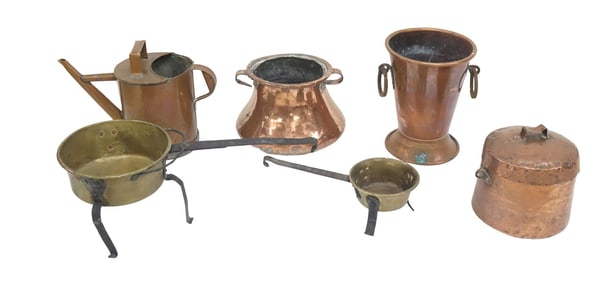 (6) FRENCH COPPER & METAL HOUSEWARE, POTS, STAND & WATERING CAN