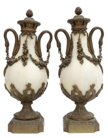 (2) FRENCH EMPIRE STYLE BRONZE-MOUNTED MARBLE CASSOLETTES