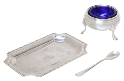 (2) GEORGE V STERLING SILVER CARD TRAY & SALT CELLAR