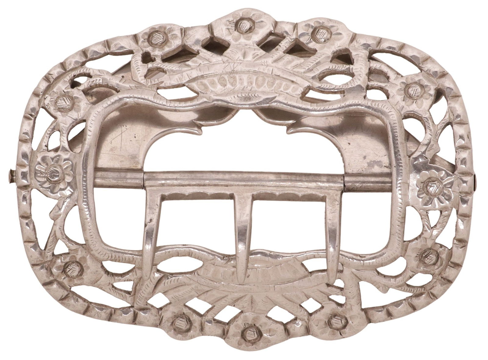 VICTORIAN STERLING SILVER LADY'S BELT BUCKLE: Victorian sterling silver lady's belt buckle, Dutch export hallmarks with Schoonhoven regional assay office mark, imported by Barnet Henry Joseph & Company, London, c.1887, pierced design with baskets