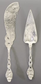 (2) STERLING SILVER STRAWBERRY PATTERN PASTRY SERVER & FISH KNIFE