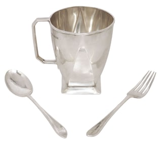 (3) ART DECO STERLING SILVER CHRISTENING CUP & CUTLERY