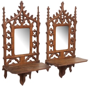 (2) FRENCH GOTHIC REVIVAL CARVED WALNUT MIRRORED WALL BRACKETS