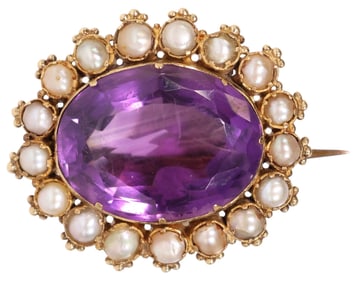 ESTATE VICTORIAN 18KT GOLD AMETHYST & PEARL BROOCH