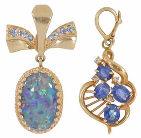 (2) ESTATE 14KT GOLD BLUE SAPPHIRE & TRIPLET OPAL ENHANCER PENDANTS