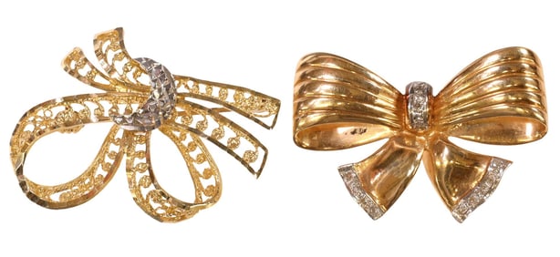 (2) ESTATE 14KT GOLD DIAMOND & FILIGREE BOW BROOCHES