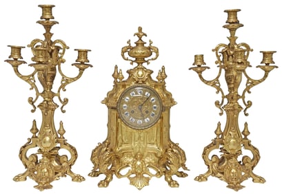 (3) FRENCH LOUIS XVI STYLE ORMOLU MANTEL CLOCK & CANDELABRA GARNITURE SET