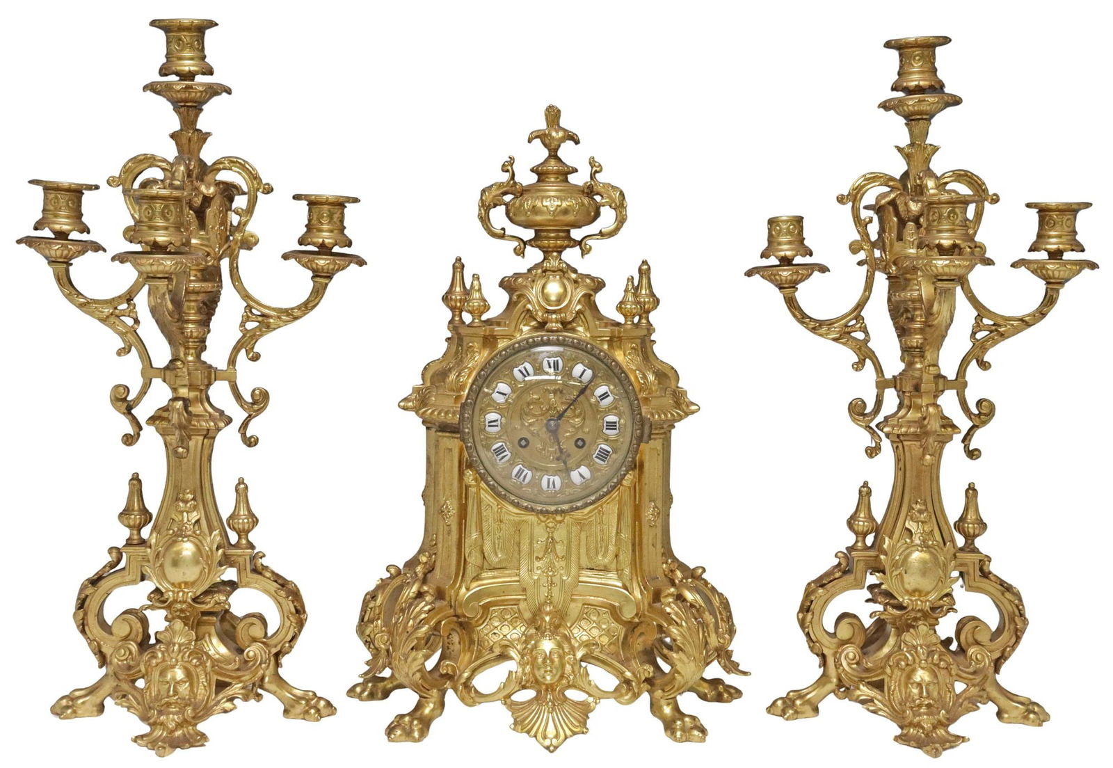(3) FRENCH LOUIS XVI STYLE ORMOLU MANTEL CLOCK & CANDELABRA GARNITURE SET (1 of 8)
