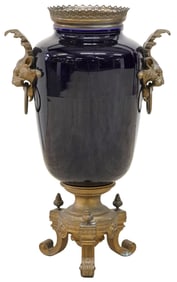 LARGE FRENCH SARREGUEMINES METAL-MOUNTED FLOOR VASE, 31.5"H