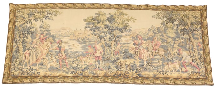LARGE FLEMISH STYLE JACQUARD WOVEN HUNTING TAPESTRY, 66" X 156"