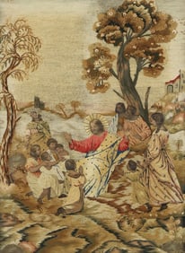 FRAMED VICTORIAN WOOL & SILK EMBROIDERY PICTURE, JESUS & DISCIPLES