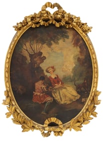 FRAMED FRENCH SCHOOL OVAL PAINTING, COURTING COUPLE WITH FLUTE