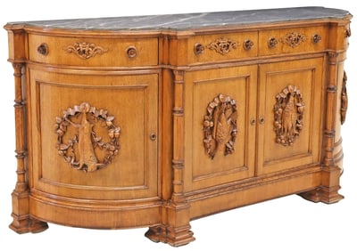 FRENCH HENRI II STYLE MARBLE-TOP CARVED SIDEBOARD
