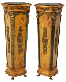 (2) EMPIRE STYLE BURLWOOD & MARBLE MOUNTED PEDESTALS