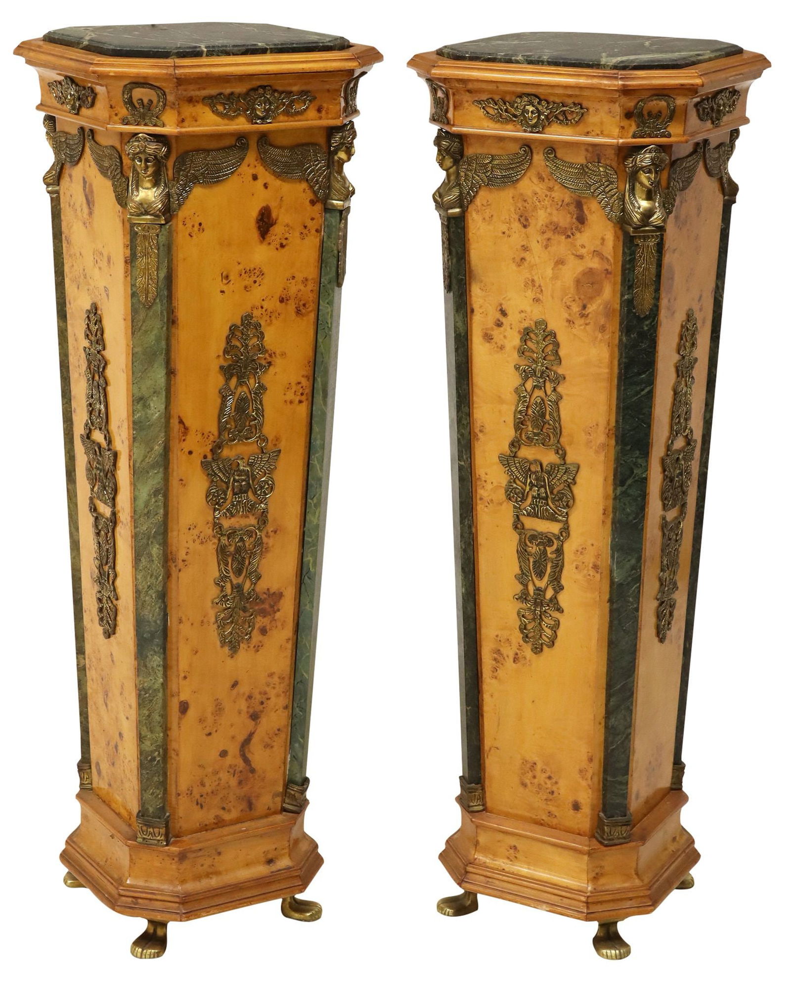 (2) EMPIRE STYLE BURLWOOD & MARBLE MOUNTED PEDESTALS (1 of 4)