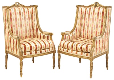 (2) FRENCH LOUIS XVI STYLE UPHOLSTERED BERGERE ARMCHAIRS