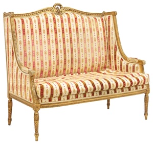 FRENCH LOUIS XVI STYLE UPHOLSTERED GILTWOOD SOFA