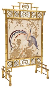 VICTORIAN CHINOISERIE GILT BAMBOO EMBROIDERED SILK FIREPLACE SCREEN