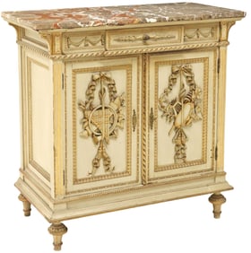 LOUIS XVI STYLE MARBLE-TOP PAINTED & CARVED MUSICAL MOTIF SERVER