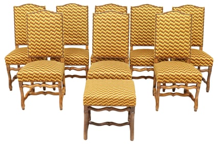 (9) FRENCH LOUIS XIV STYLE UPHOLSTERED HIGHBACK DINING CHAIRS & STOOL