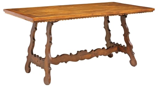 ITALIAN BAROQUE STYLE MARQUETRY WALNUT TRESTLE TABLE