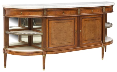 FRENCH LOUIS XVI STYLE MARBLE-TOP BURLWOOD BUFFET / COMMODE A L'ANGLAISE