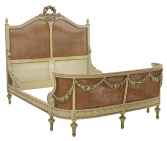 FRENCH LOUIS XVI STYLE PAINTED & DOUBLE-CANED BED