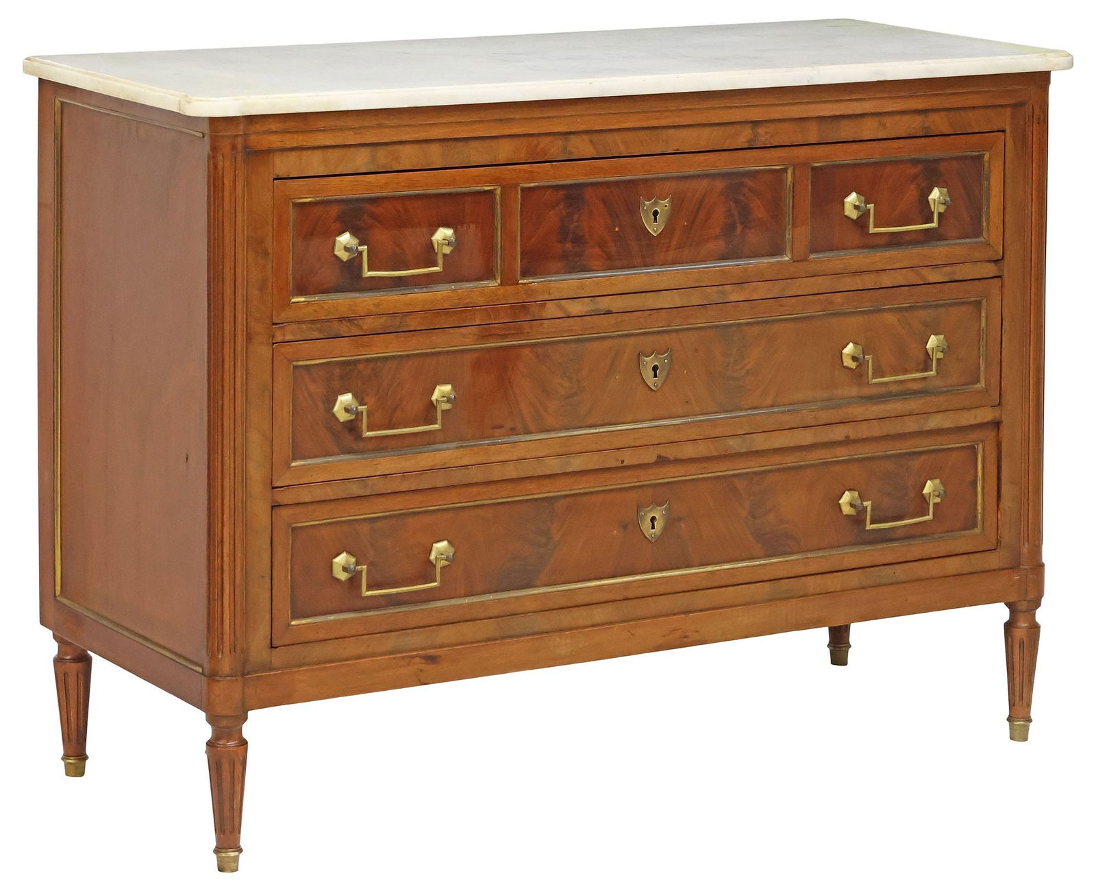 FRENCH LOUIS XVI STYLE MARBLE-TOP MAHOGANY COMMODE: French Louis XVI style mahogany commode, late 19th c., shaped marble top, over case fitted with three drawers, on tapering fluted legs, approx 33.25"h, 46"w, 19"d