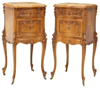 (2) FRENCH LOUIS XV STYLE MARBLE-TOP WALNUT BEDSIDE CABINETS