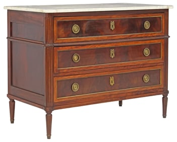 FRENCH LOUIS XVI STYLE MARBLE-TOP MAHOGANY COMMODE