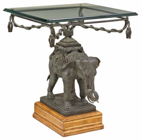 MAITLAND-SMITH GLASS-TOP PATINATED BRONZE ELEPHANT SIDE TABLE