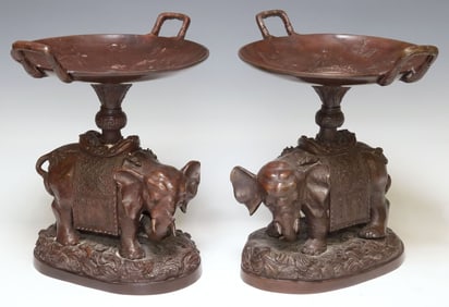 (2) MAITLAND-SMITH (ATTRIB.) PATINATED BRONZE ELEPHANT TAZZAS