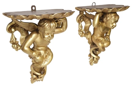 (2) ITALIAN GILT-PAINTED FIGURAL PUTTI WALL BRACKETS