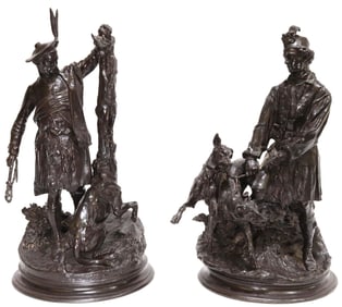 (2) LARGE AFTER P.J. MENE (1810-1879) BRONZE FIGURAL HUNT SCULPTURES, 19"H