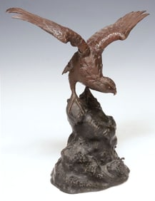 JAPANESE PATINATED BRONZE OKIMONO OF A BIRD OF PREY, 15.75"H