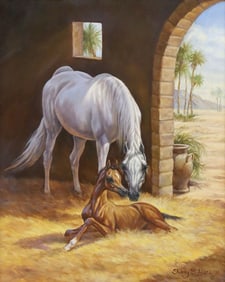 SHARY B. AKERS (1948-2014) PAINTING ARABIAN HORSE & FOAL