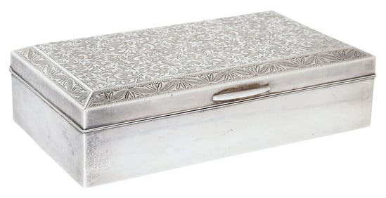 HAND CHASED .950 SILVER WOOD-LINED CIGARETTE TABLE BOX
