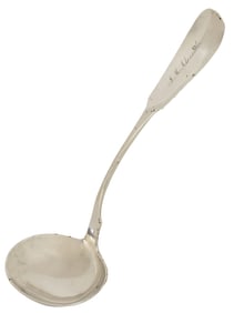 JAMES WATTS PHILADELPHIA COIN SILVER FIDDLEBACK SOUP LADLE